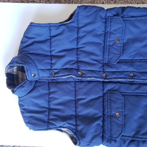 Vintage 1970s 80s Mens Heywood House Reversable Navy Camel Plaid Lumberjack Vest - Picture 5 of 8